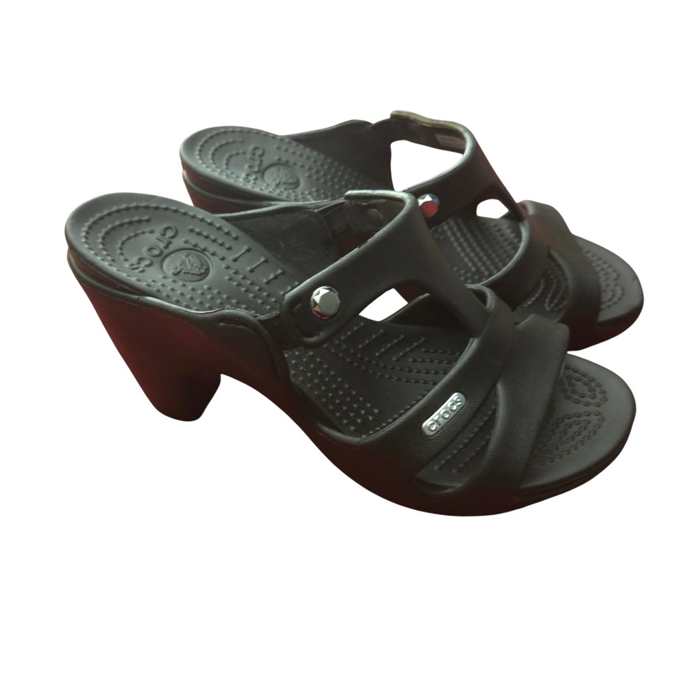 Crocs Cyprus II Black Strappy High Heel Sandals Womens 6 Silver Hardware